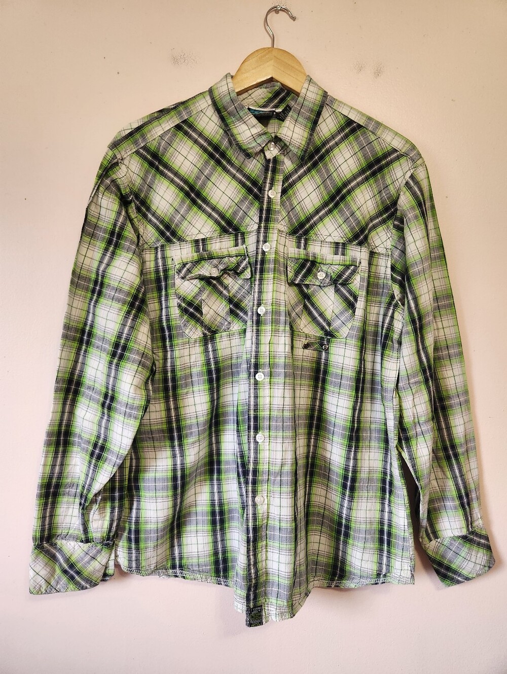 Burnside Plaid Button Up Shirt Green Black Long Sleeve Western Gorpcore Mens XL